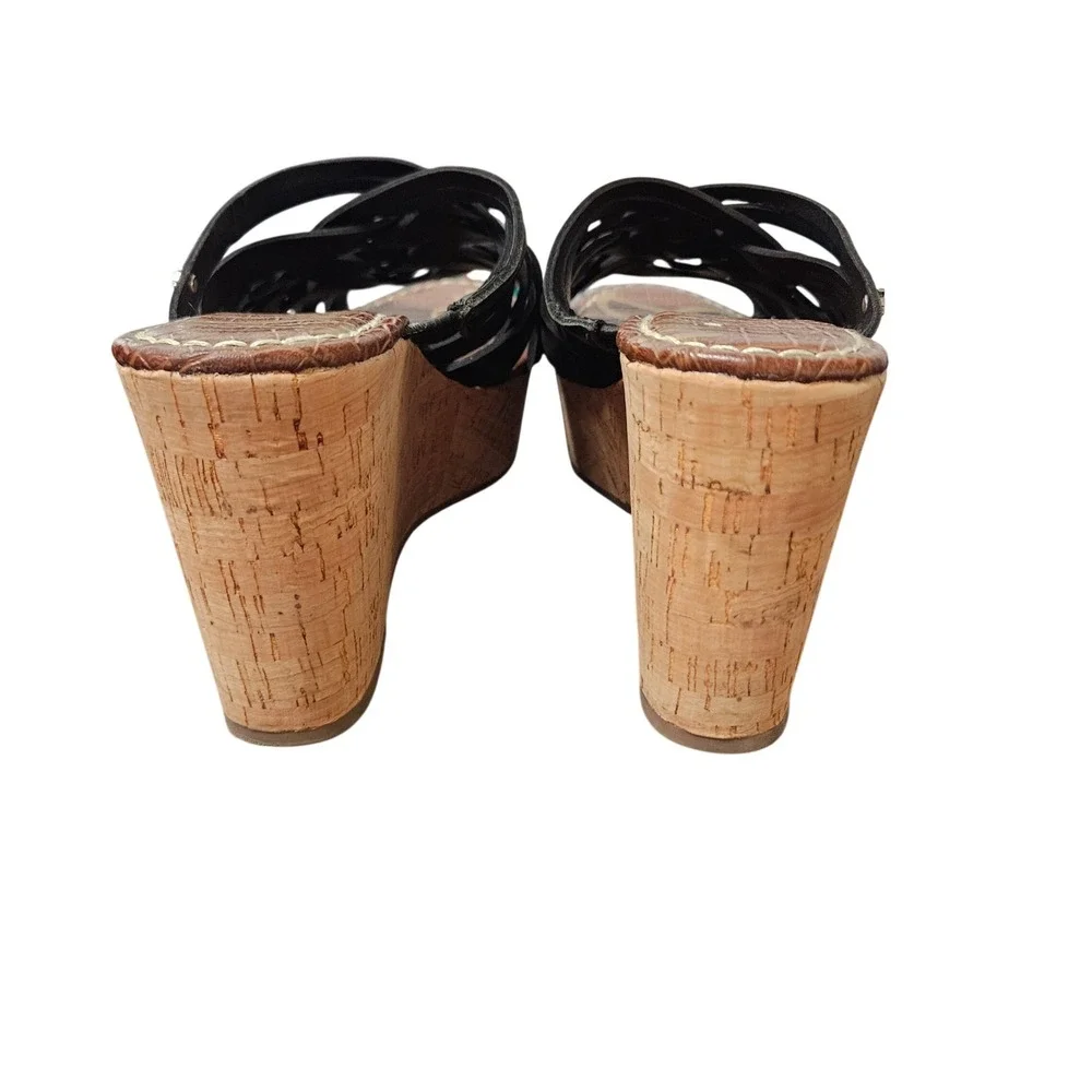 Sam Edelman Black Leather Strappy Cork‎ Wedge Platform Sandals Womens 8